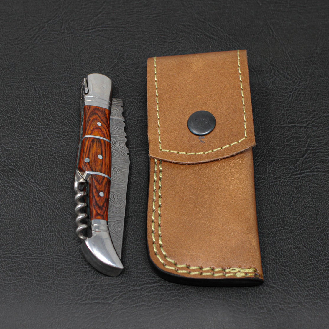 Rhône Rangers Hand-Forged Damascus Steel Folding Knife with Wine Corkscrew - Tali Wood
