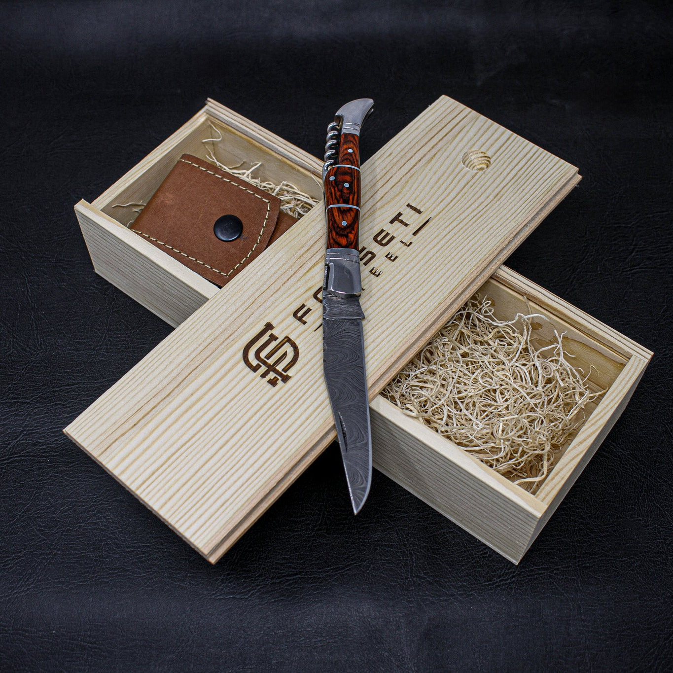 Rhône Rangers Hand-Forged Damascus Steel Folding Knife with Wine Corkscrew - Tali Wood