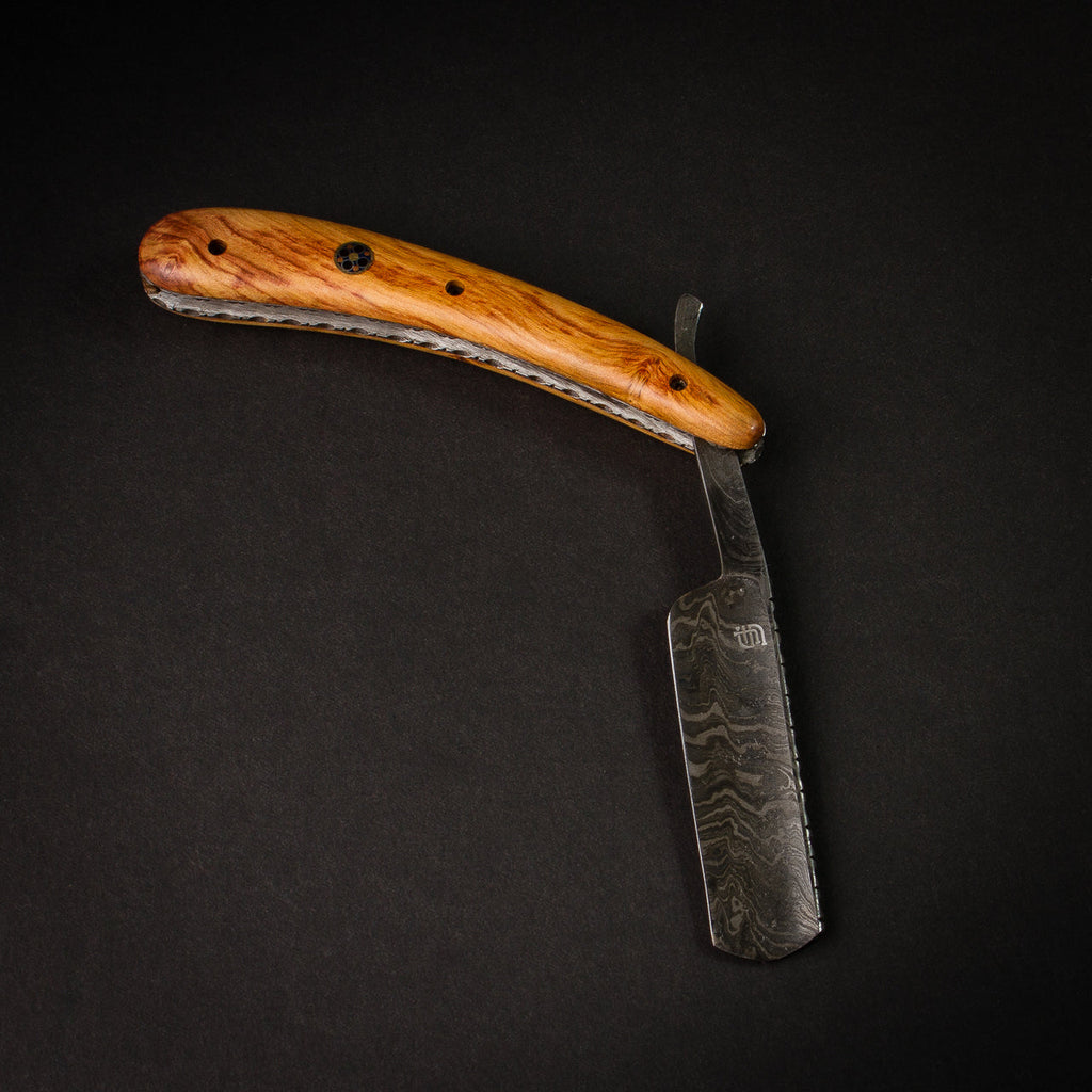 Throat Cutter Hand-Forged Damascus Steel Straight Razor - Olive Wood