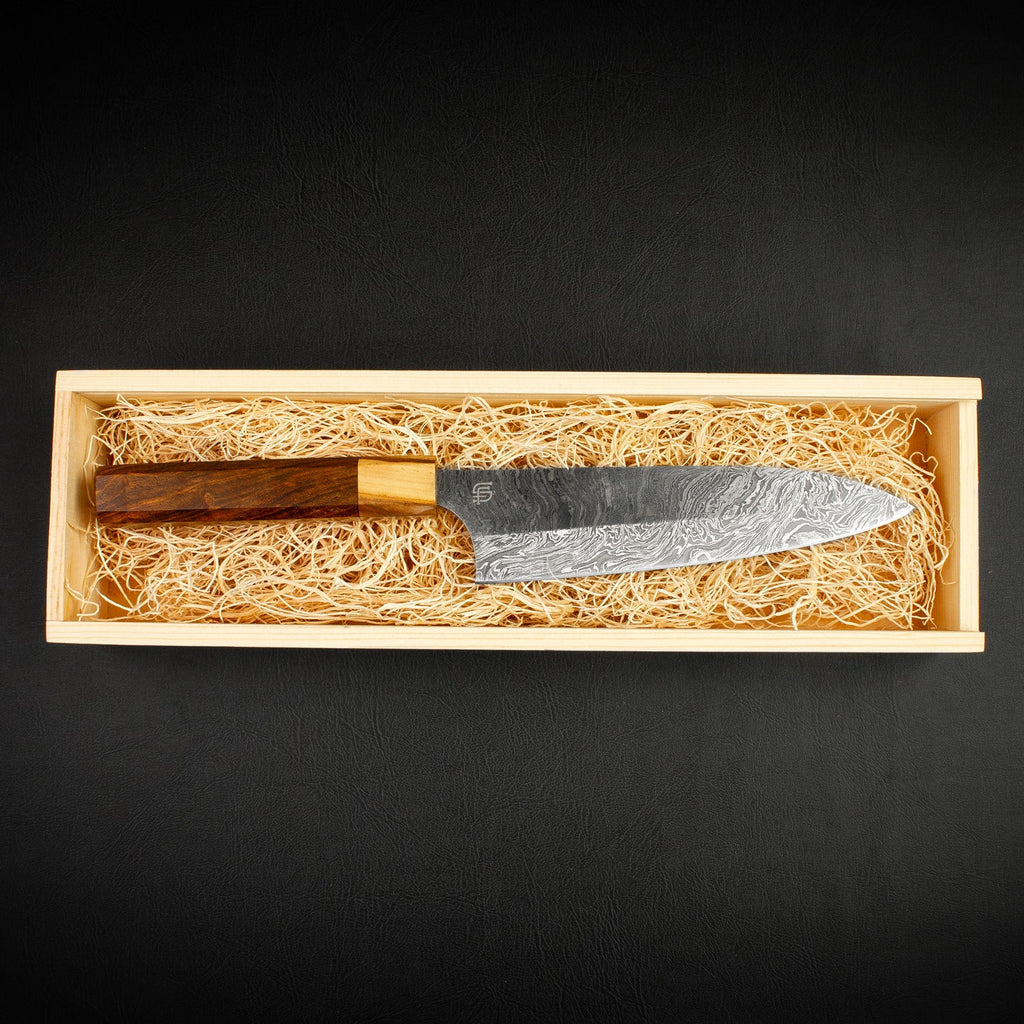 Itamae Hand-Forged Damascus Steel 7" Santoku Chef Knife - Olive Wood and Rosewood
