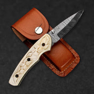 Barca Hand-Forged Damascus Steel Folding Knife - Carved Bone - BladeWolf A2Z image 2
