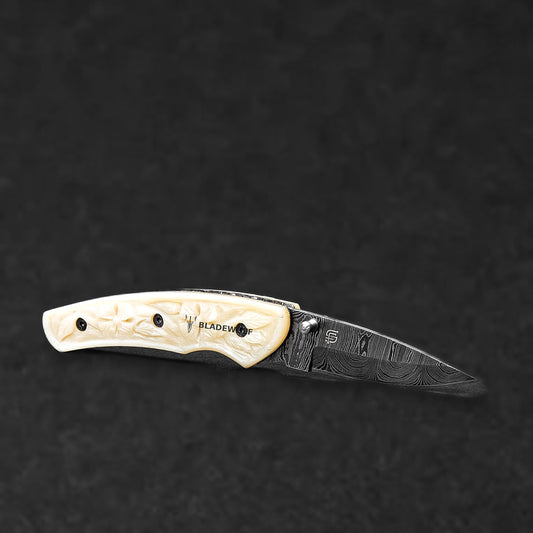 Barca Hand-Forged Damascus Steel Folding Knife - Carved Bone - BladeWolf A2Z image 5