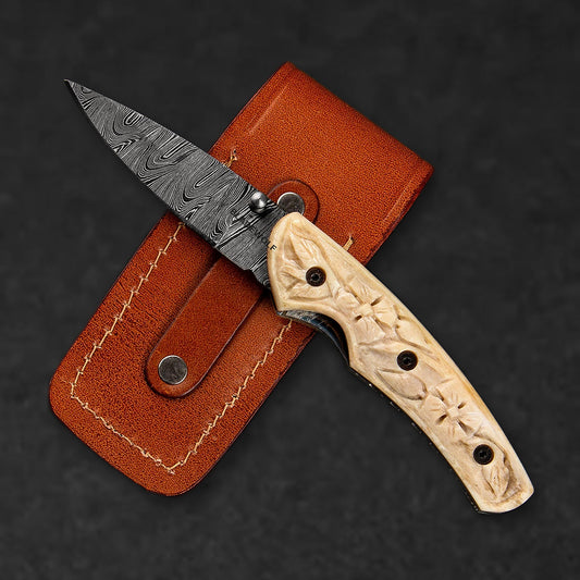 Barca Hand-Forged Damascus Steel Folding Knife - Carved Bone - BladeWolf A2Z image 10