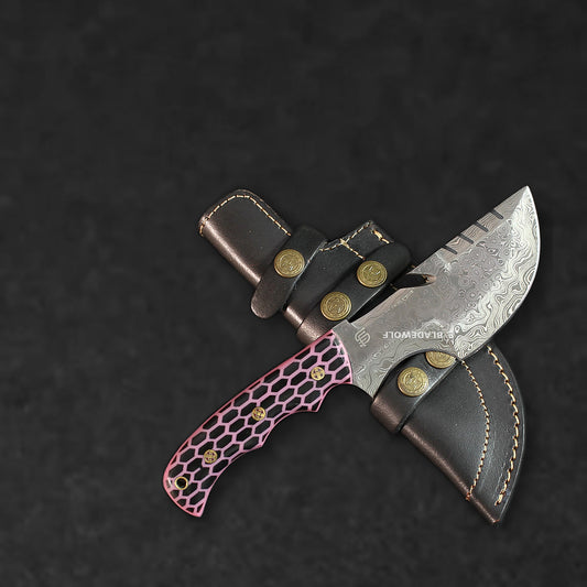 Carney Damascus Steel Curved Warrior Tanto Knife - Pink G10