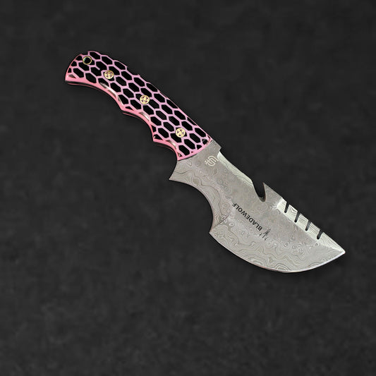 Carney Damascus Steel Curved Warrior Tanto Knife - Pink G10