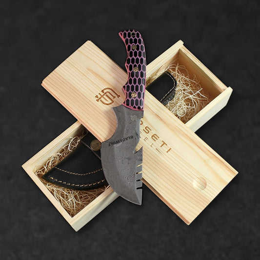 Carney Damascus Steel Curved Warrior Tanto Knife - Pink G10 - BladeWolf A2Z image 4