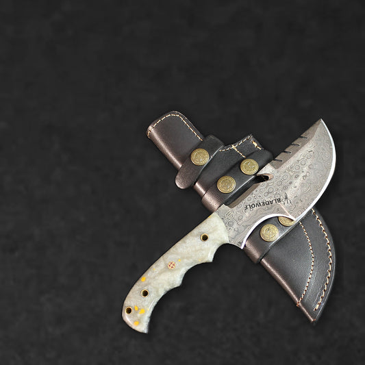 Carney Damascus Steel Curved Warrior Tanto Knife - White G10