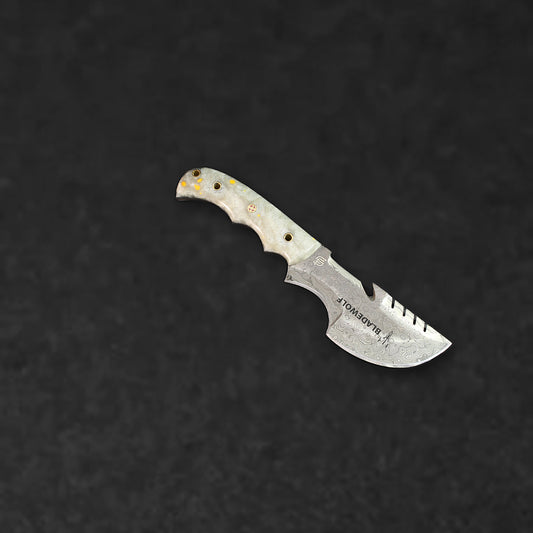 Carney Damascus Steel Curved Warrior Tanto Knife - White G10