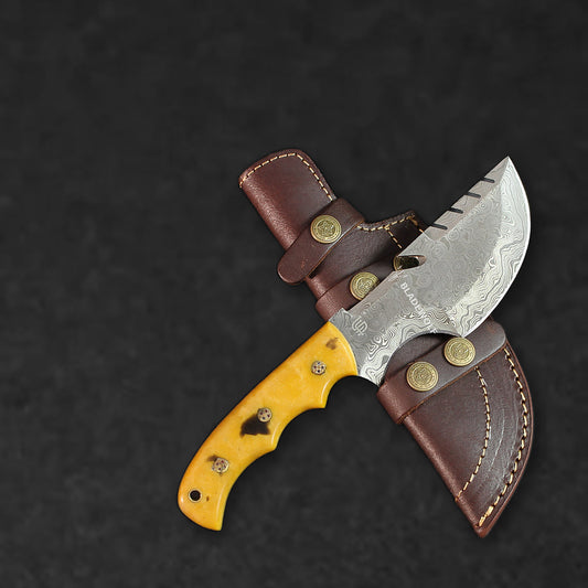 Carney Damascus Steel Curved Warrior Tanto Knife - Yellow G10