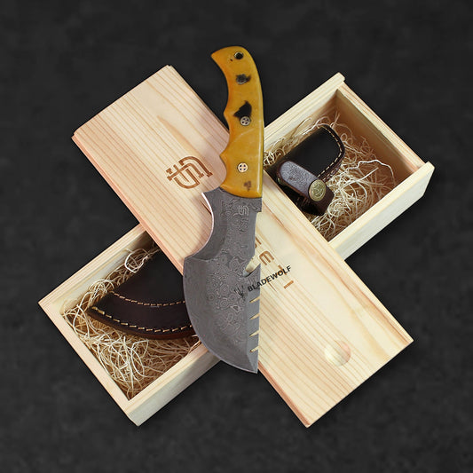 Carney Damascus Steel Curved Warrior Tanto Knife - Yellow G10 - BladeWolf A2Z image 4