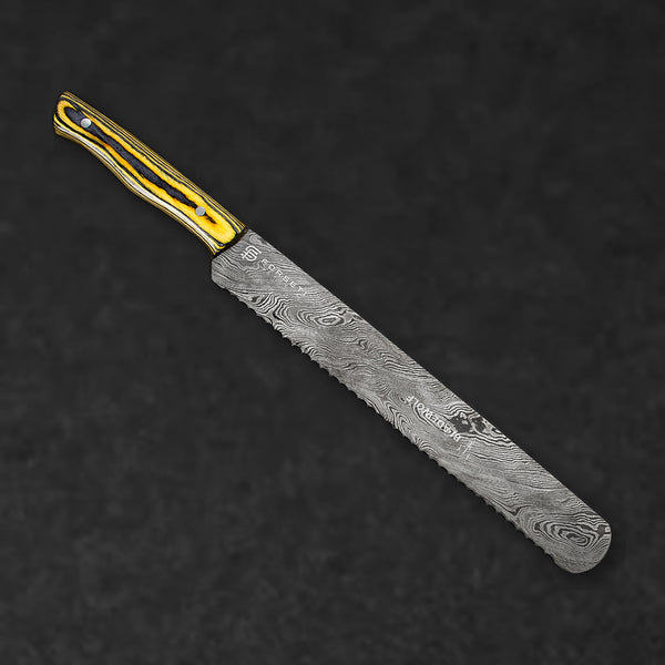Cavallari Damascus Steel 10" Serrated Bread Knife - Yellow/Black Handle - BladeWolf A2Z image 1