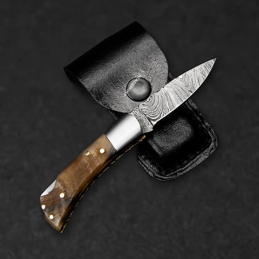 Confidant Hand-Forged Damascus Steel Folding Knife - Horn