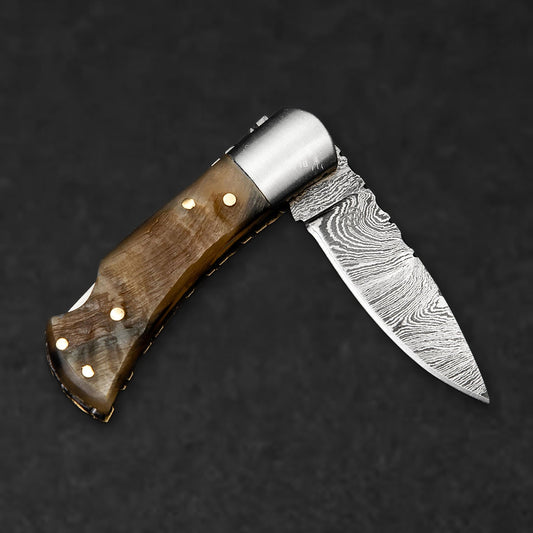 Confidant Hand-Forged Damascus Steel Folding Knife - Horn - BladeWolf A2Z image 6