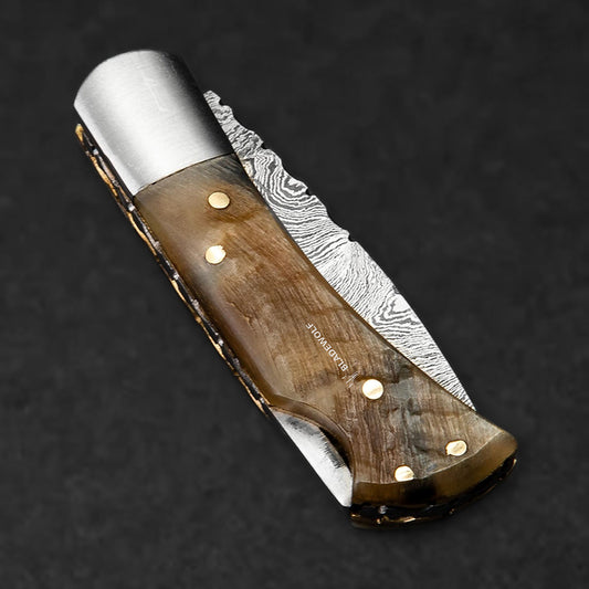 Confidant Hand-Forged Damascus Steel Folding Knife - Horn - BladeWolf A2Z image 7