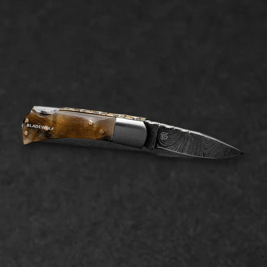 Confidant Hand-Forged Damascus Steel Folding Knife - Horn - BladeWolf A2Z image 11