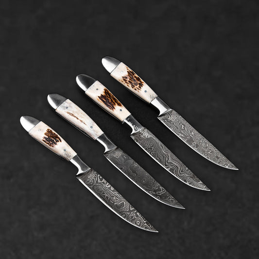 Denton Hand-Forged Damascus Steel Steak Knives - Stag Antler - Set of 4