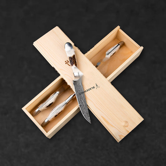 Denton Hand-Forged Damascus Steel Steak Knives - Stag Antler - Set of 4