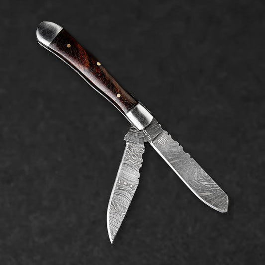 Falcon Hand-Forged Damascus Steel 2-Blade Folding Knife - Rosewood