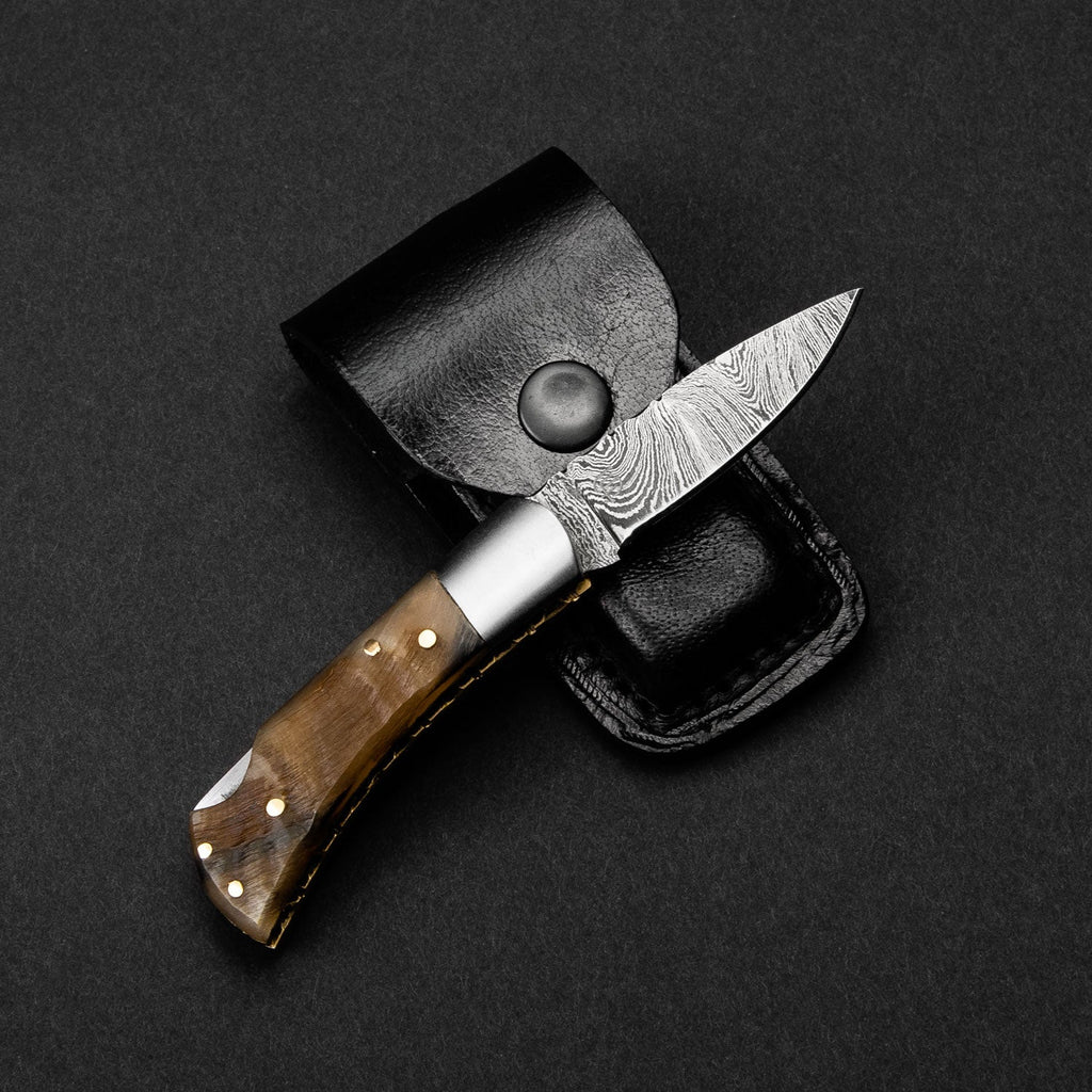 Confidant Hand-Forged Damascus Steel Folding Knife - Horn