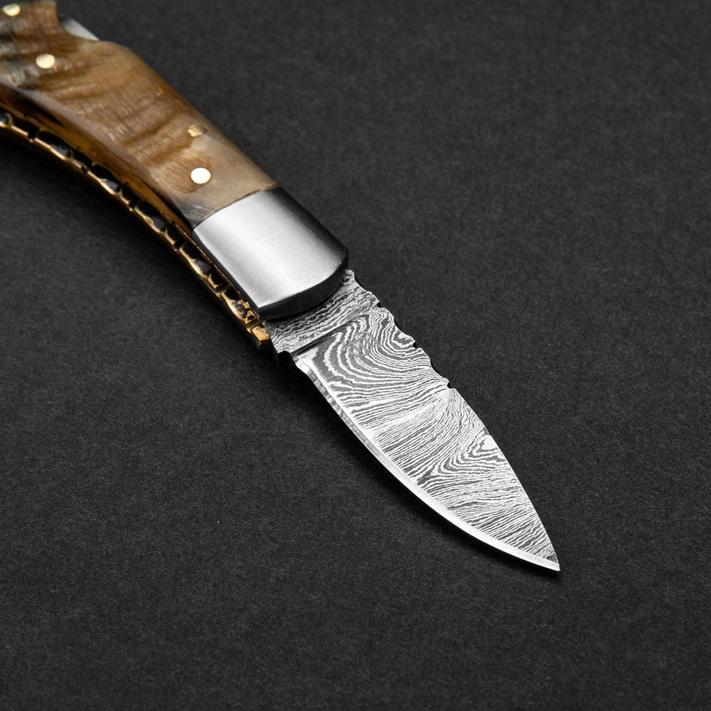 Confidant Hand-Forged Damascus Steel Folding Knife - Horn