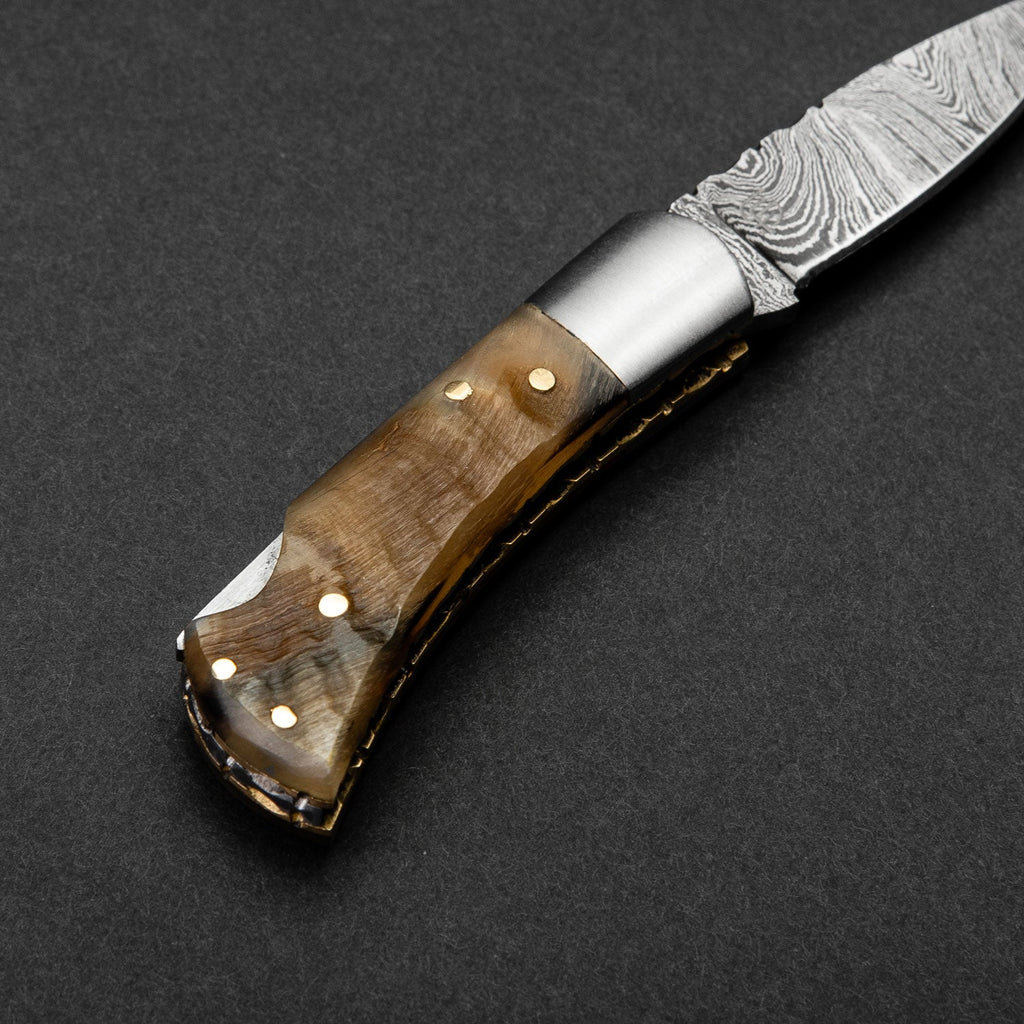 Confidant Hand-Forged Damascus Steel Folding Knife - Horn