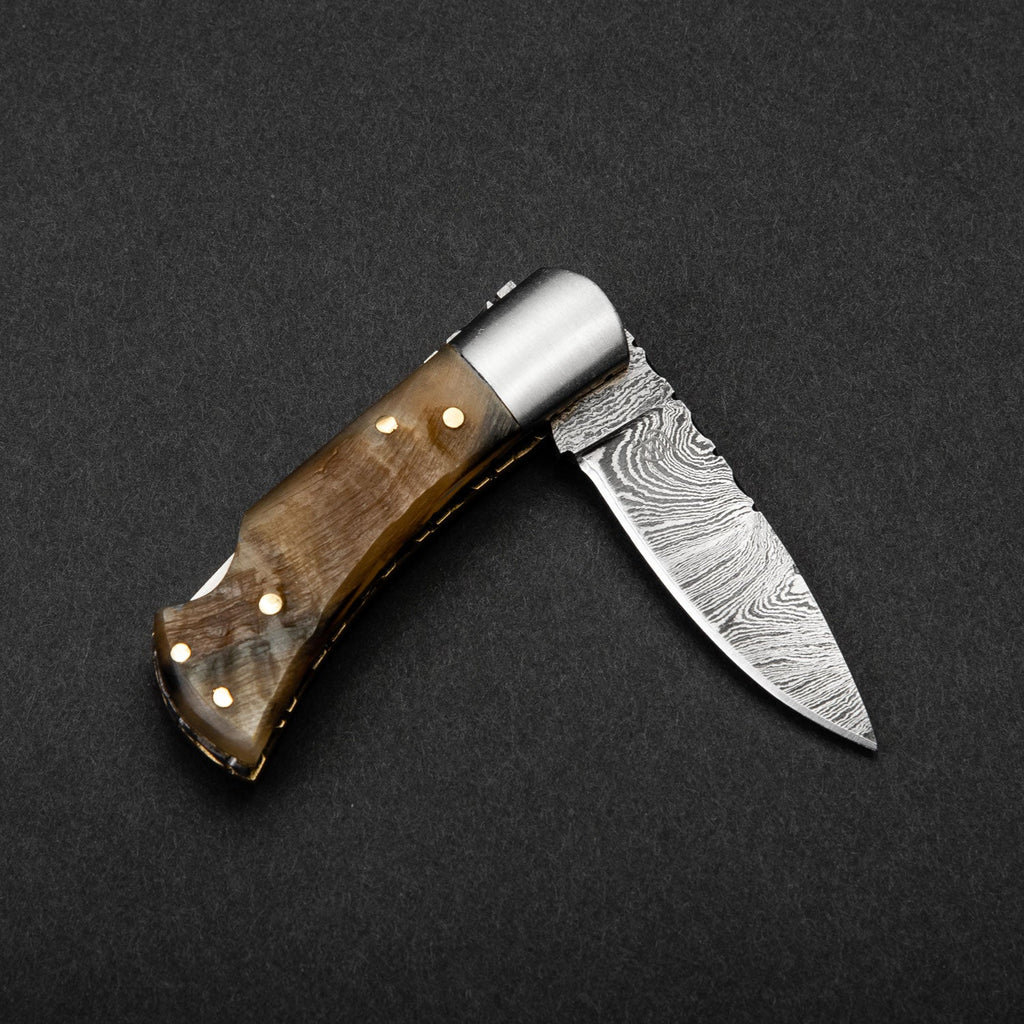 Confidant Hand-Forged Damascus Steel Folding Knife - Horn