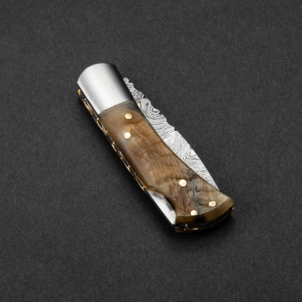 Confidant Hand-Forged Damascus Steel Folding Knife - Horn