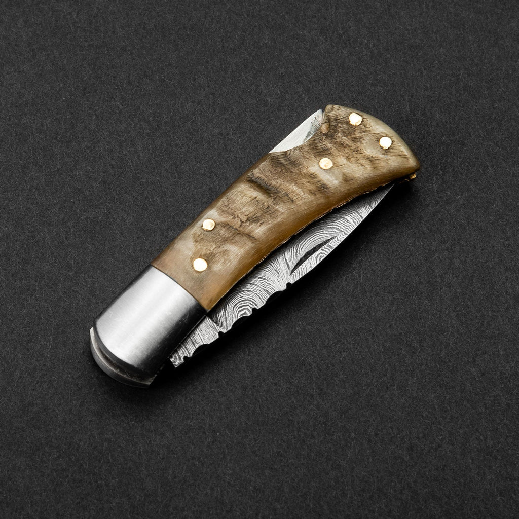 Confidant Hand-Forged Damascus Steel Folding Knife - Horn