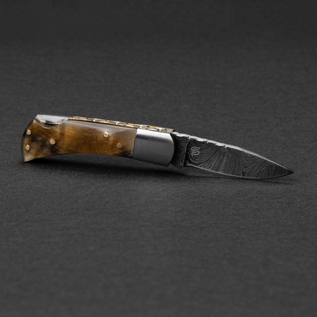 Confidant Hand-Forged Damascus Steel Folding Knife - Horn
