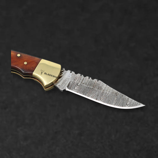 Hemingway Hand-Forged Damascus Steel Folding Knife - Stained Bone and Brass - BladeWolf A2Z image 3
