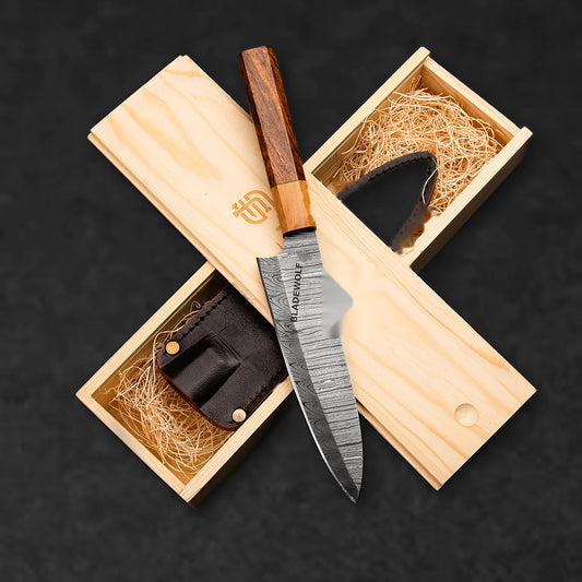 Itamae Damascus Steel 7" Santoku Chef Knife - Olive Wood and Rosewood - BladeWolf A2Z image 4
