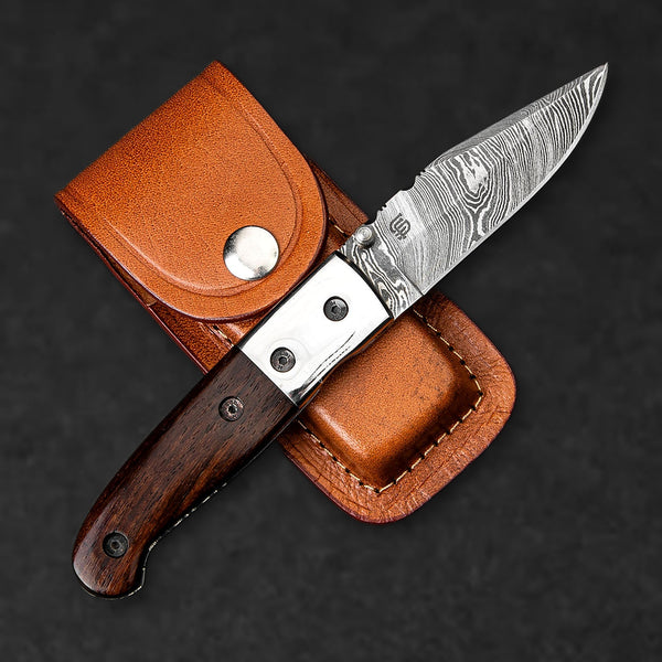 JH Patterson Hand-Forged Damascus Steel Folding Knife - Tali Wood - BladeWolf A2Z image 1