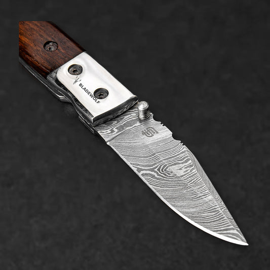 JH Patterson Hand-Forged Damascus Steel Folding Knife - Tali Wood - BladeWolf A2Z image 5