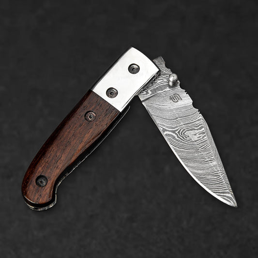 JH Patterson Hand-Forged Damascus Steel Folding Knife - Tali Wood - BladeWolf A2Z image 9