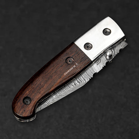 JH Patterson Hand-Forged Damascus Steel Folding Knife - Tali Wood - BladeWolf A2Z image 10