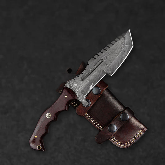 Kimura Hand-Forged Damascus Steel Warrior Tanto Knife - Red Micarta