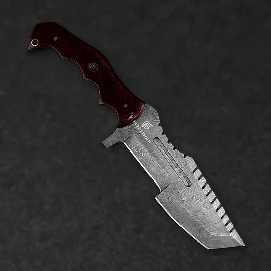 Kimura Hand-Forged Damascus Steel Warrior Tanto Knife - Red Micarta