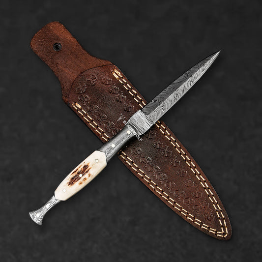 Morgan le Fay Hand-Forged Damascus Steel Dagger - Stag Antler