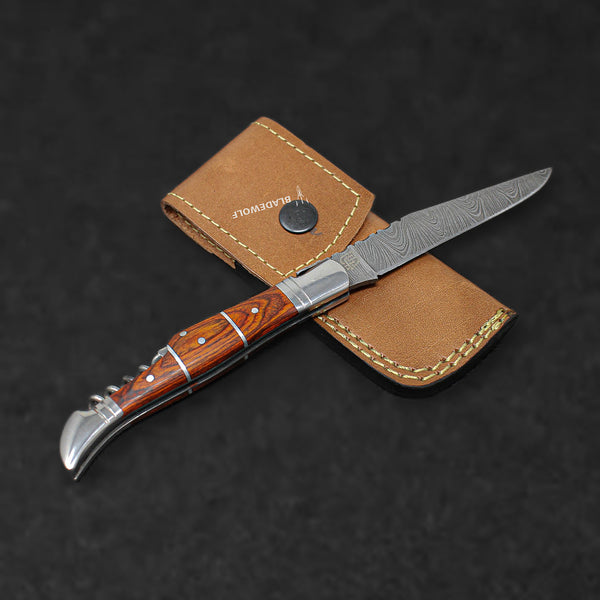 Rhône Rangers Damascus Steel Folding Knife with Wine Corkscrew - Tali Wood - BladeWolf A2Z image 1