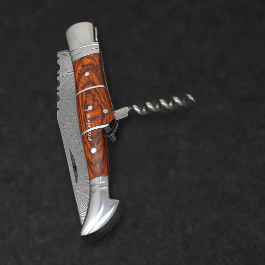 Rhône Rangers Damascus Steel Folding Knife with Wine Corkscrew - Tali Wood - BladeWolf A2Z image 10