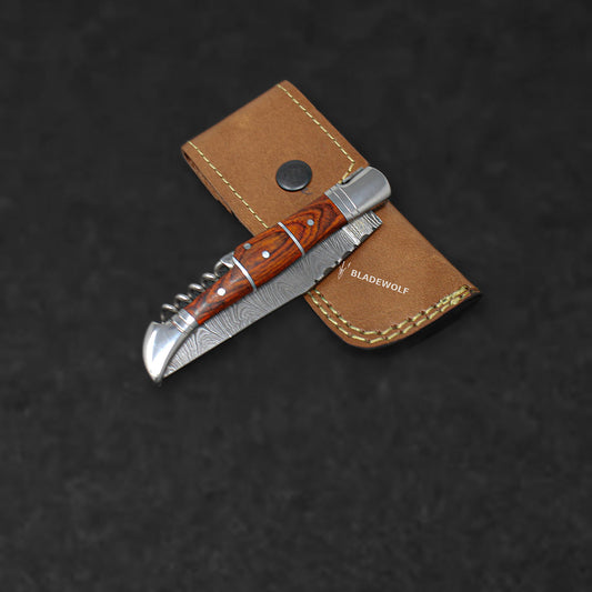 Rhône Rangers Damascus Steel Folding Knife with Wine Corkscrew - Tali Wood - BladeWolf A2Z image 11