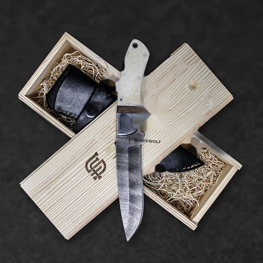 Sir Edmund Hand-Forged Damascus Steel Knife - Camel Bone and Walnut - BladeWolf A2Z image 6