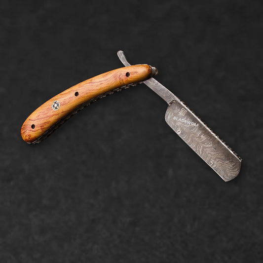 Throat Cutter Hand-Forged Damascus Steel Straight Razor - Olive Wood