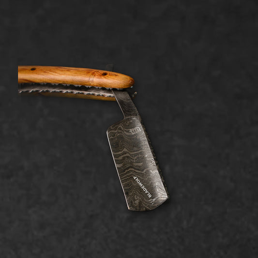 Throat Cutter Hand-Forged Damascus Steel Straight Razor - Olive Wood - BladeWolf A2Z image 4