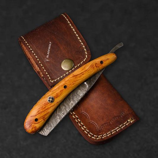 Throat Cutter Hand-Forged Damascus Steel Straight Razor - Olive Wood - BladeWolf A2Z image 5