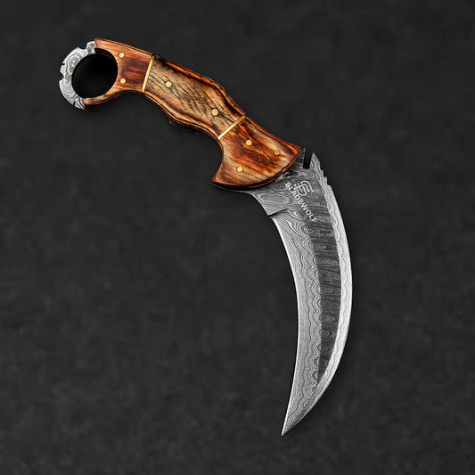 Tiger's Claw Hand-Forged Damascus Steel Karambit - Tali Wood